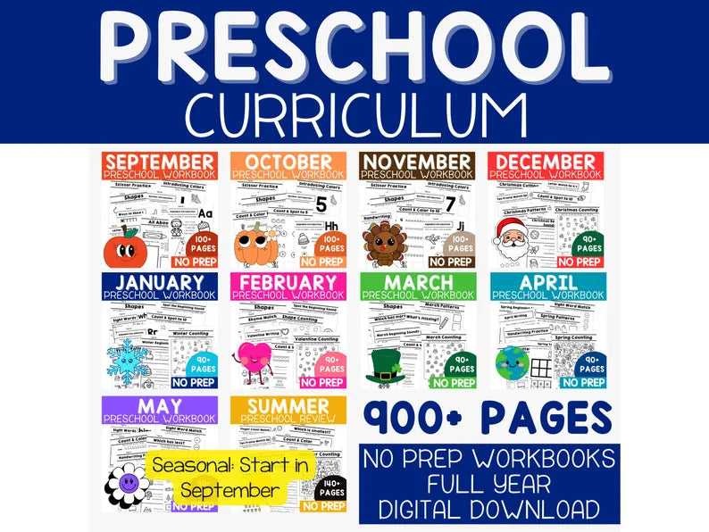 Full Year Preschool Curriculum with Lesson Plans Homeschool Worksheets Pre K Curriculum Monthly Learning Binder Daycare Lessons (seasonal)